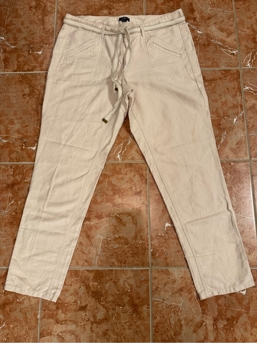 LOFT Marisa Cream Linen Cotton Blend Crop Pants Fold Up Capris Sz 10 Belt NWOT